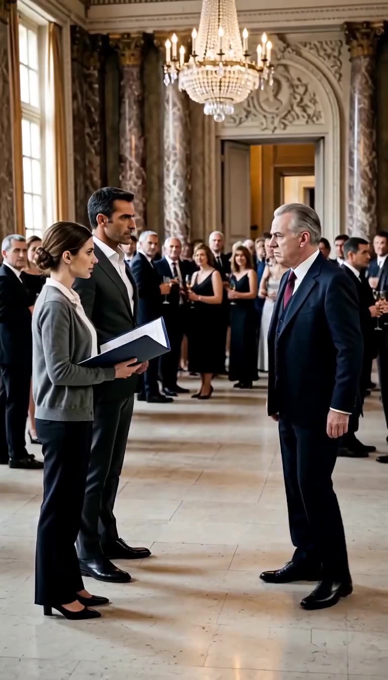 Dans le grand salon, la jeune femme ouvre son dossier aux côtés de son époux face au directeur déconfit.