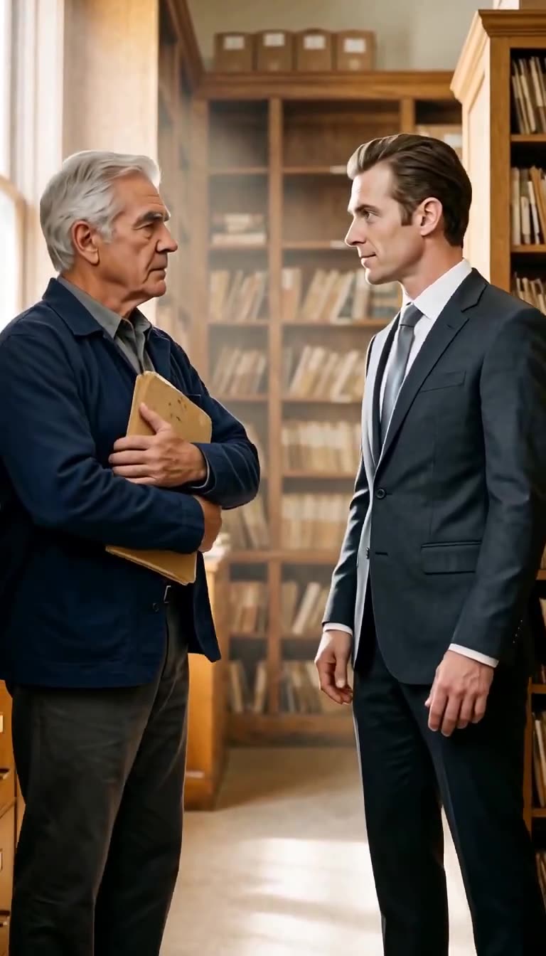 Arthur stands firm with the archive folder pressed against his chest.