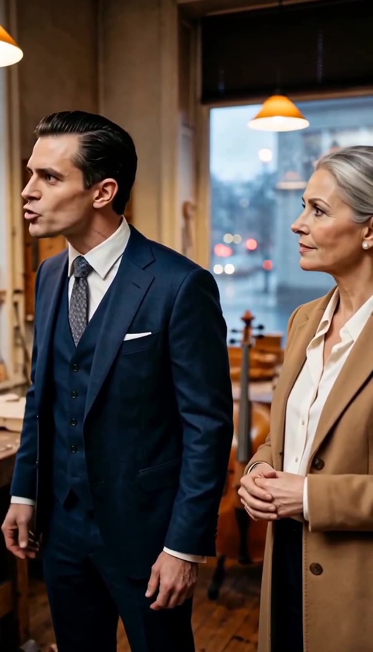 The arrogant owner speaks aggressively as a poised patron watches his outburst with skepticism