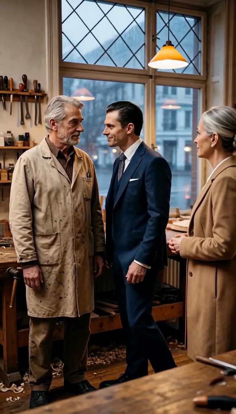 The veteran craftsman stands firm and calm while the boutique owner confronts him closely