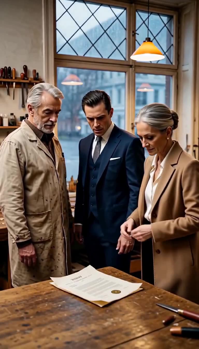 Marcus and the patron look down in shock at the newly revealed property deed.