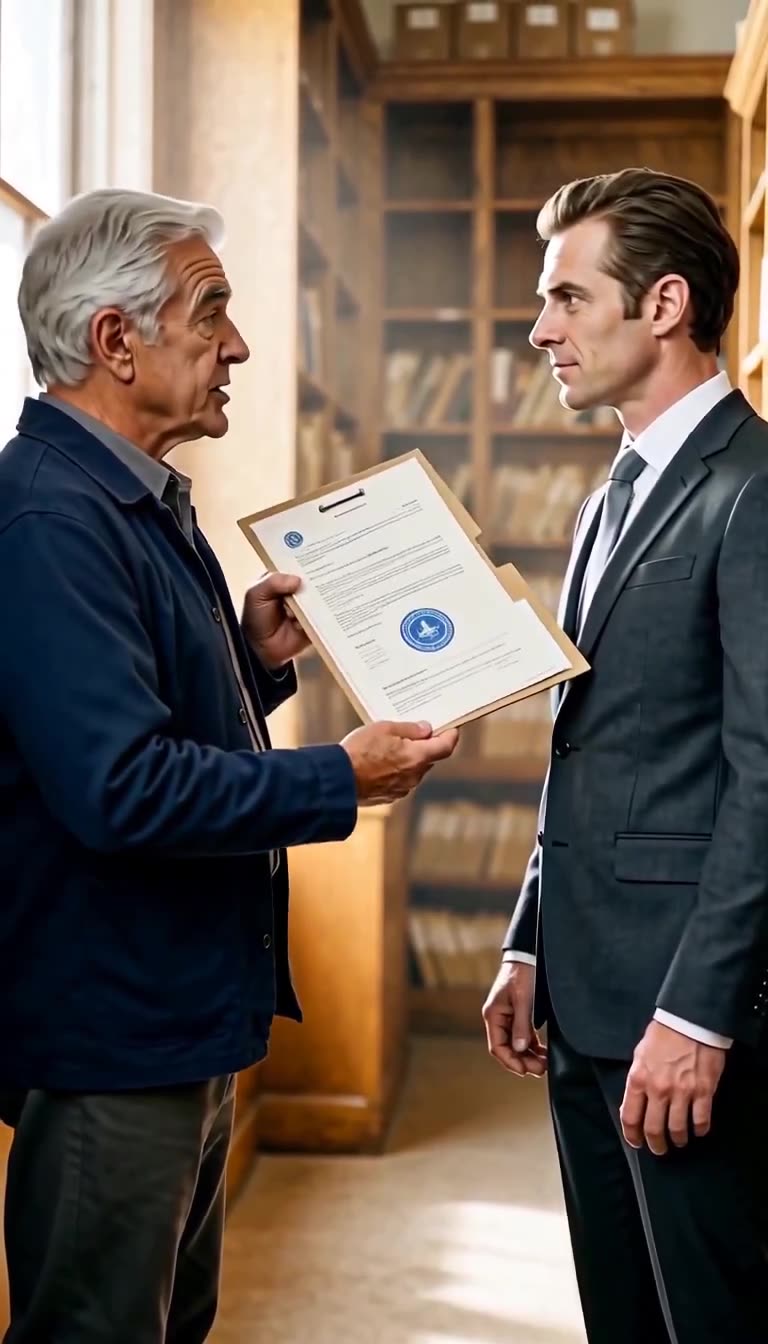 Arthur holding open a tan archival folder displaying a certified blue engineer seal to the stunned director.