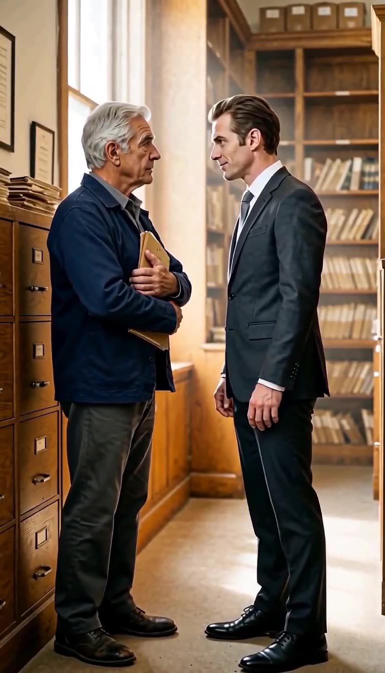 The corporate executive leans forward aggressively to intimidate the older worker