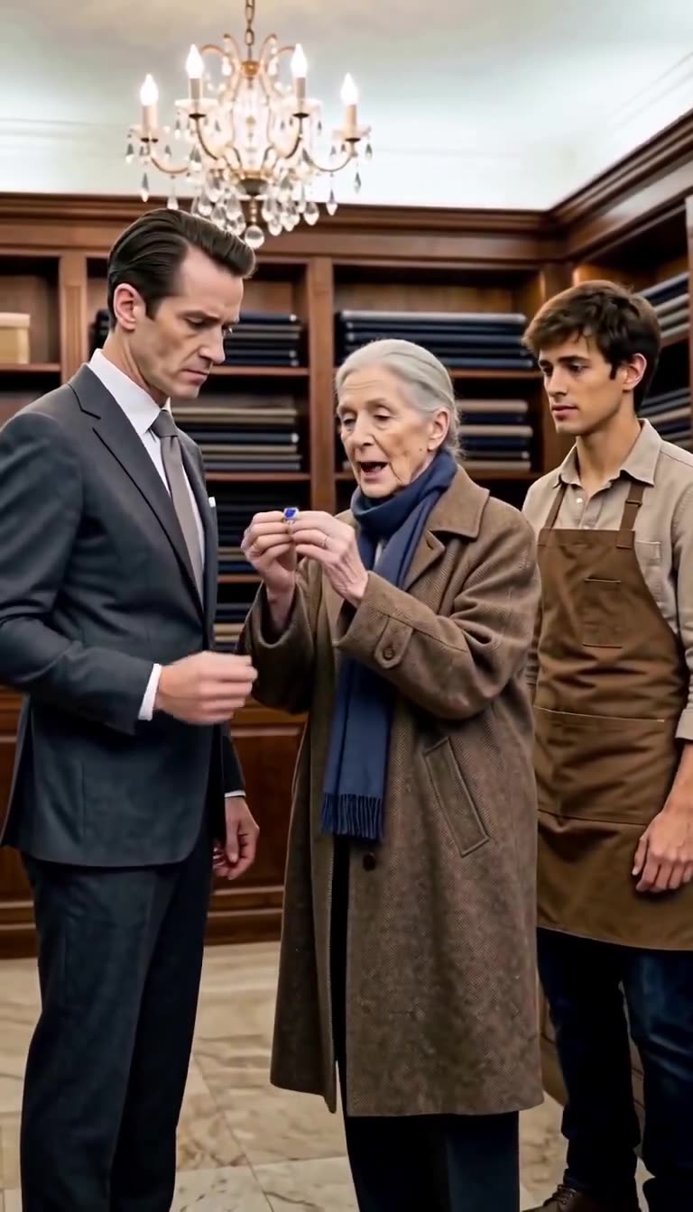 The elderly client inspects the disputed jewel closely, stopping the manager in his tracks.