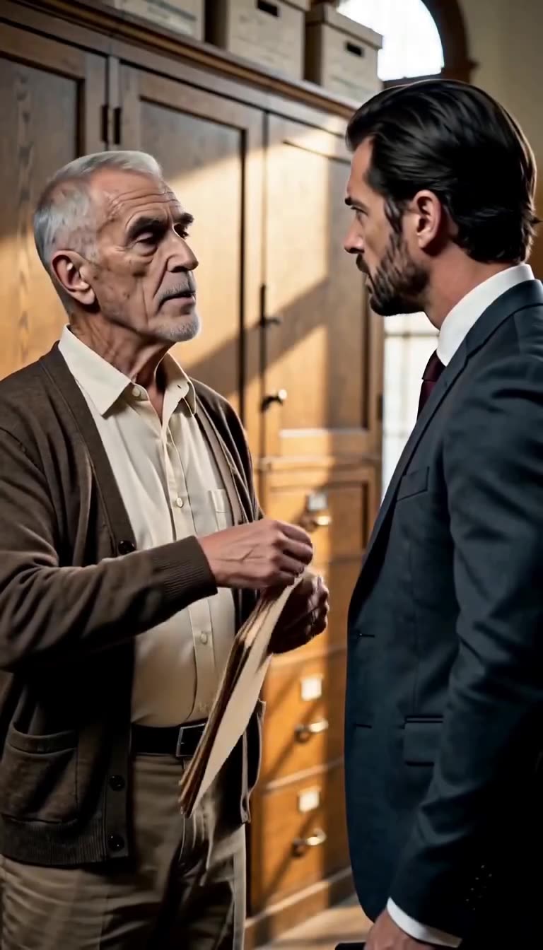 Julian stares in stunned disbelief while Walter begins closing the beige file in the sunlit office.