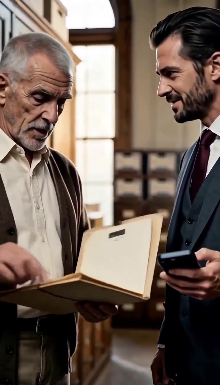 The elderly clerk opens the master file while the arrogant developer watches with a smirk.