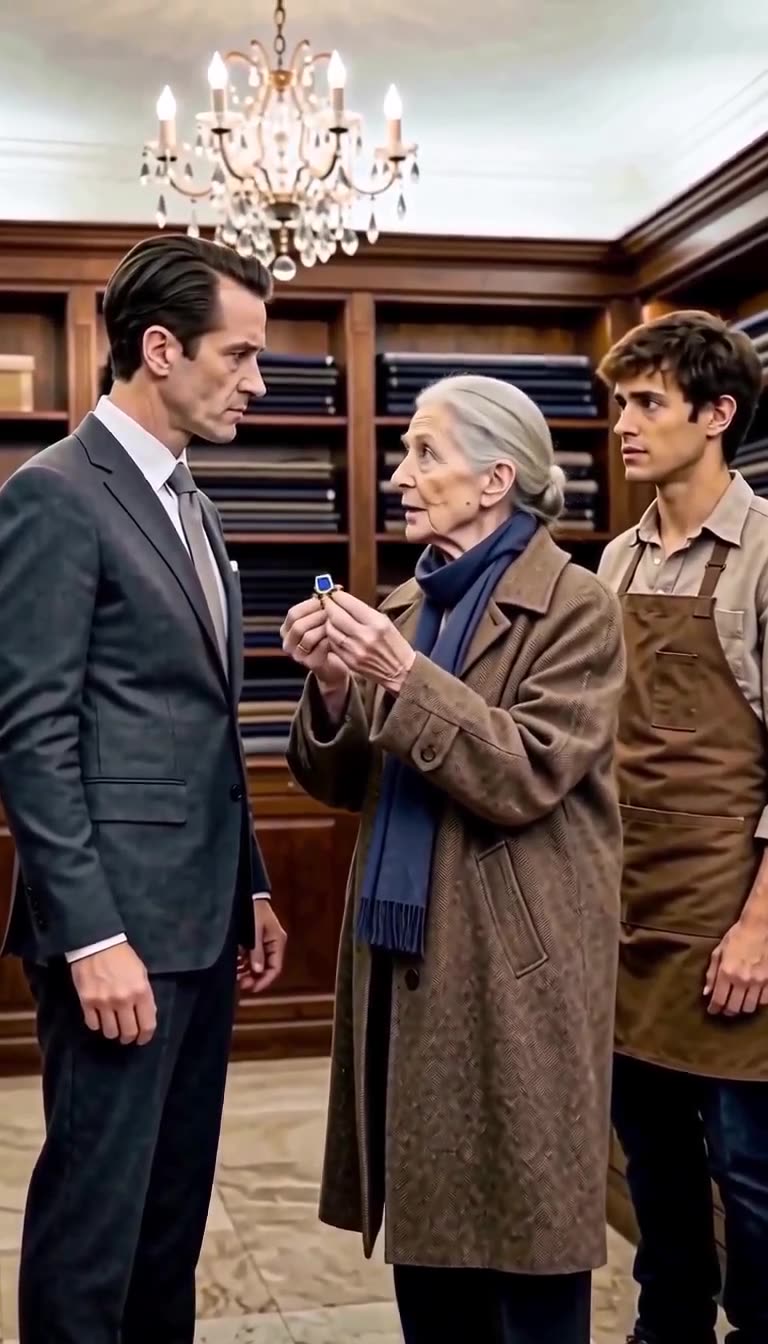 The elderly woman takes the hallmark to examine it, stunning the arrogant manager in the atelier.