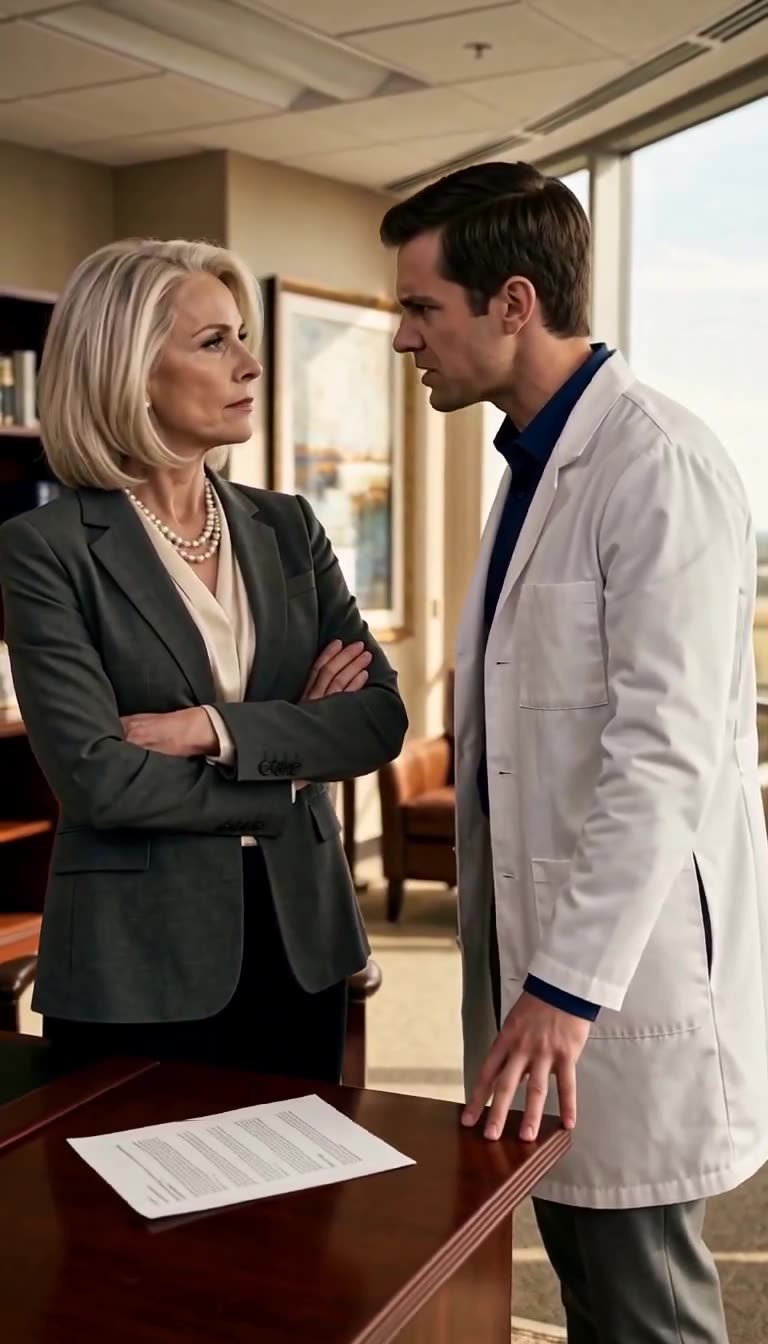A senior hospital administrator stands with folded arms facing an upset doctor