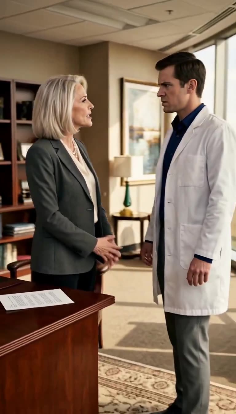 A hospital director speaks firmly to a stunned physician in an executive office