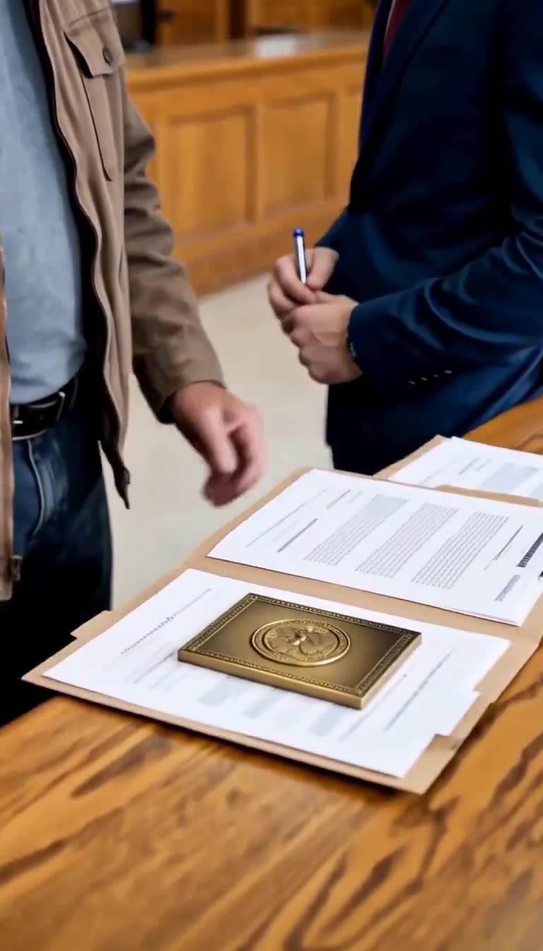 A weathered veteran places an embossed bronze charter token and documents onto the wooden counter.