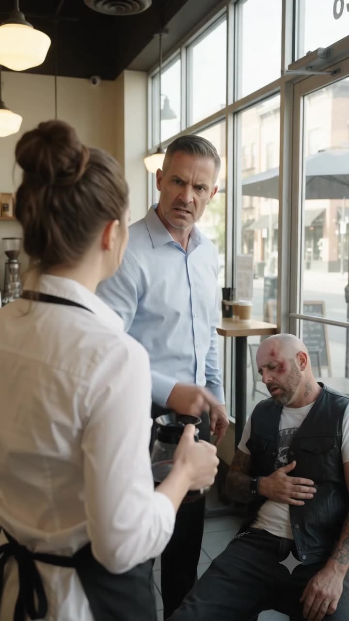 Manager glaring at waitress holding a coffee carafe as the injured man sits slumped by the cafe window holding his ribs