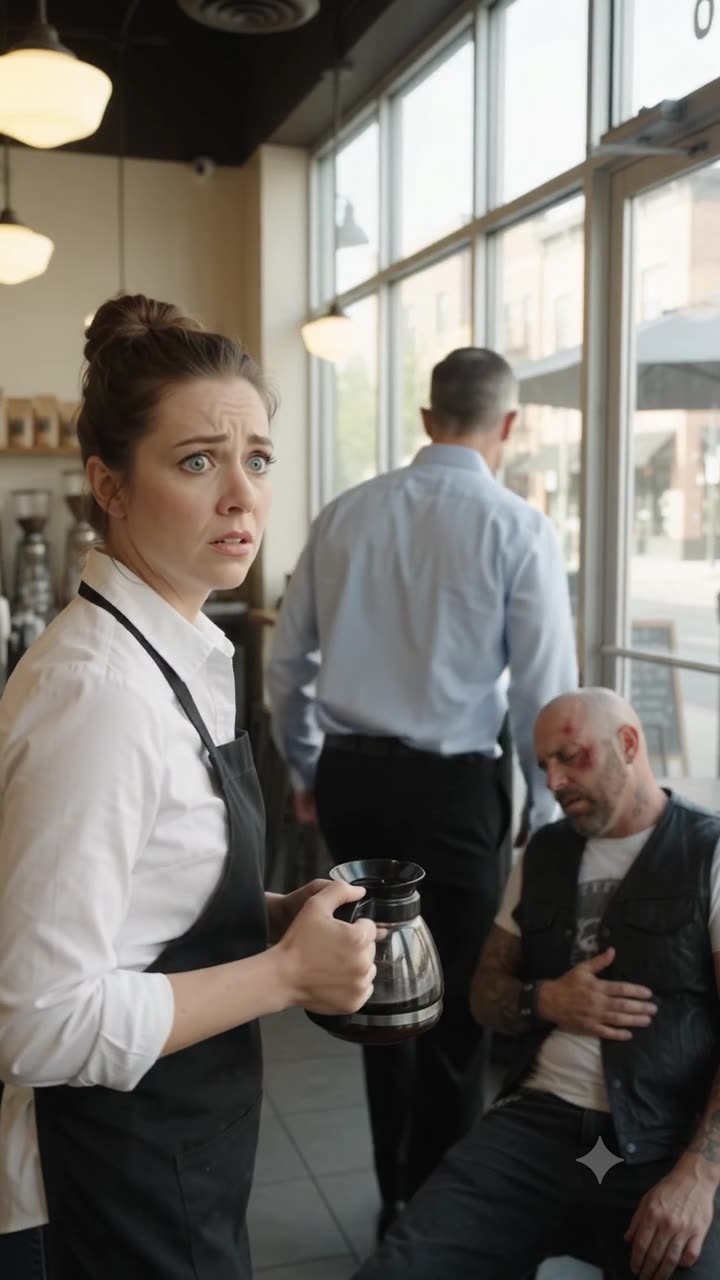 Shocked waitress holding coffee pot looking on as manager walks away with his back turned and injured man remains slumped
