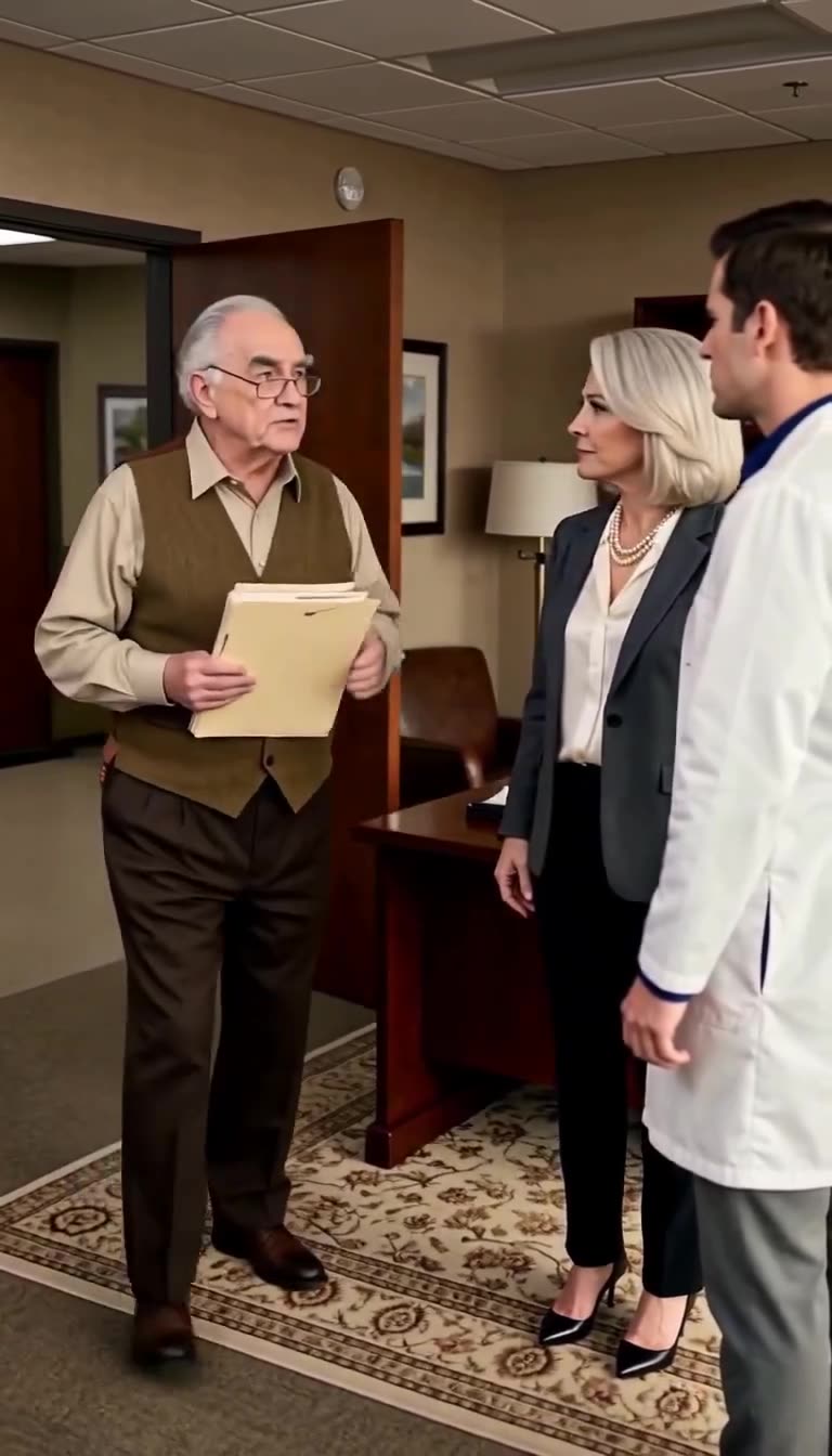 An elderly archivist enters the executive office holding a yellowed medical folder