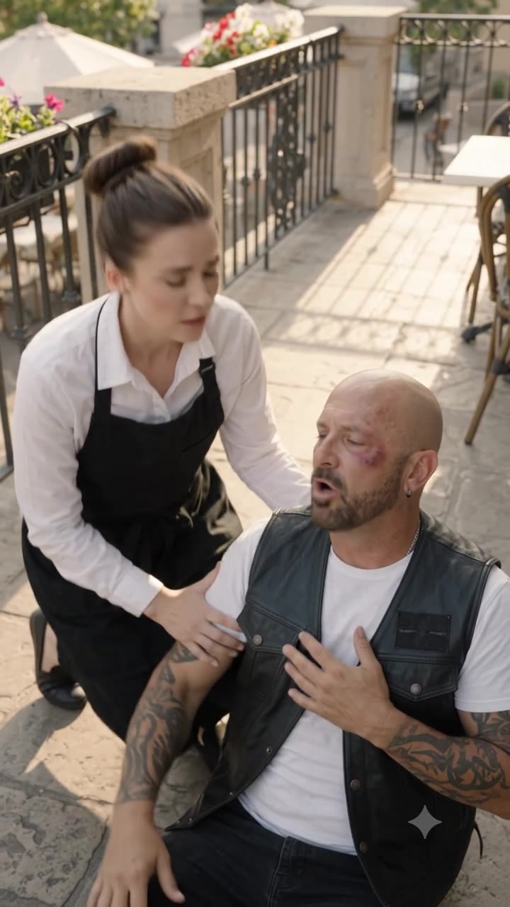 Injured man with facial bruise gasping for breath as waitress holds his arm on stone patio floor