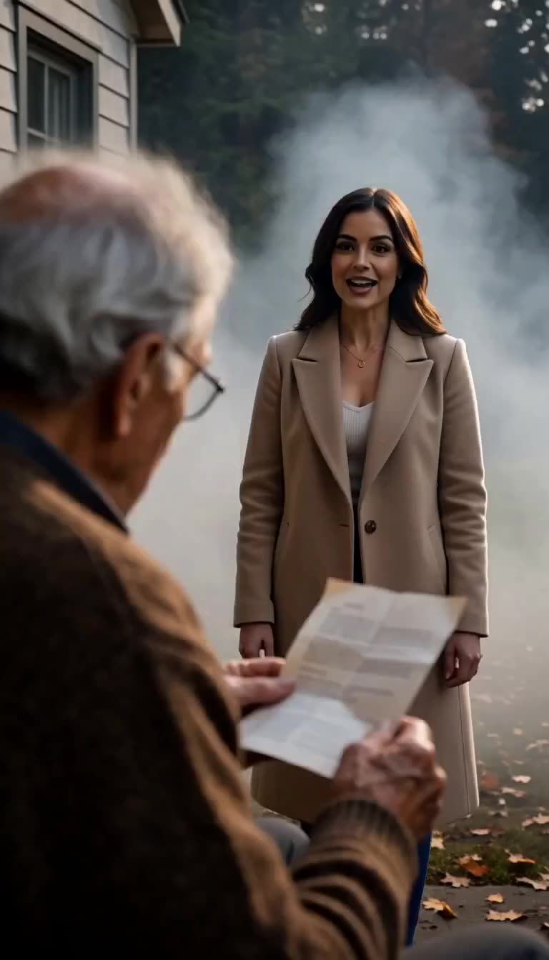 Sophisticated woman in a coat approaching the seated man in the misty yard