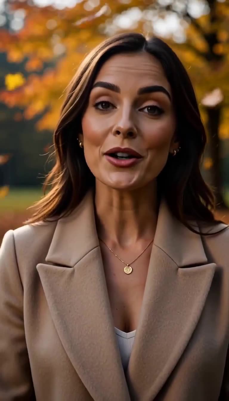 Close-up of the woman speaking with intense focus against autumn trees