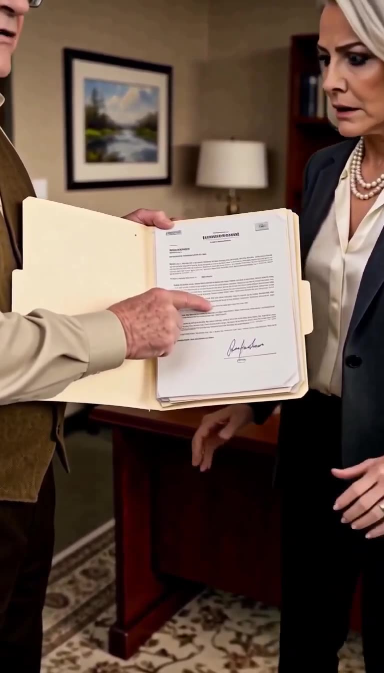 A retired archivist pointing at an opened confidential folder before a shocked Evelyn