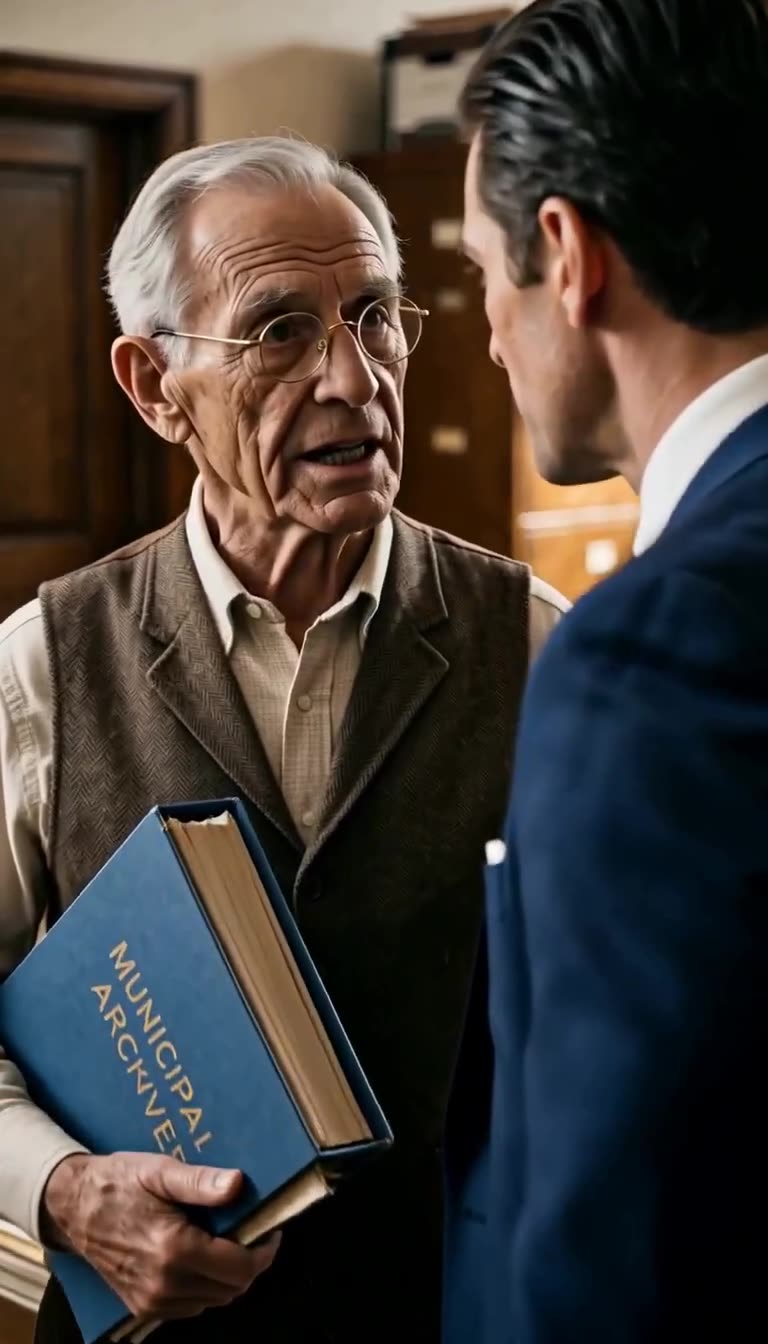 Close-up of the elderly clerk speaking firmly to the developer as he clutches the historical deed book