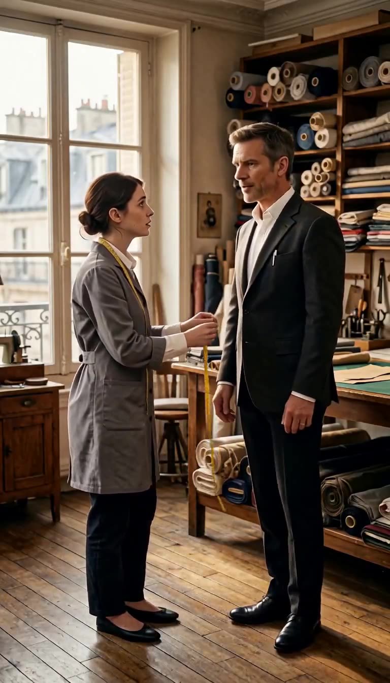 La couturière et le mystérieux investisseur échangent un regard tendu avant une confrontation imminente.