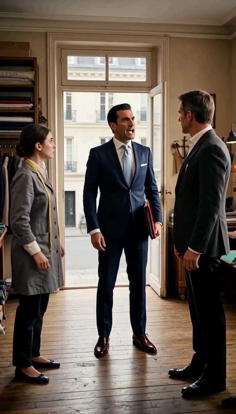 Un gérant autoritaire en costume bleu brandit un dossier rouge et menace d'expulsion la couturière.