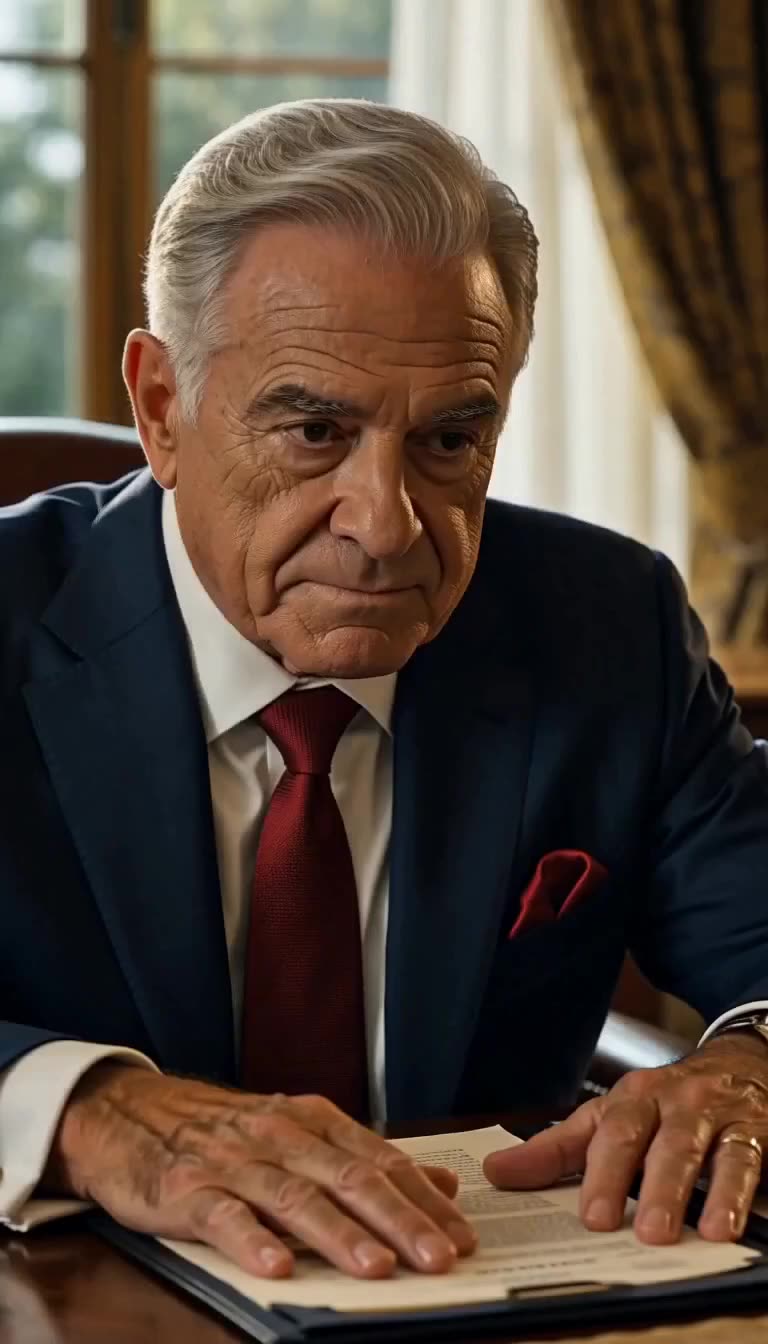 Close-up of the stern patriarch placing his hands over legal documents at the table