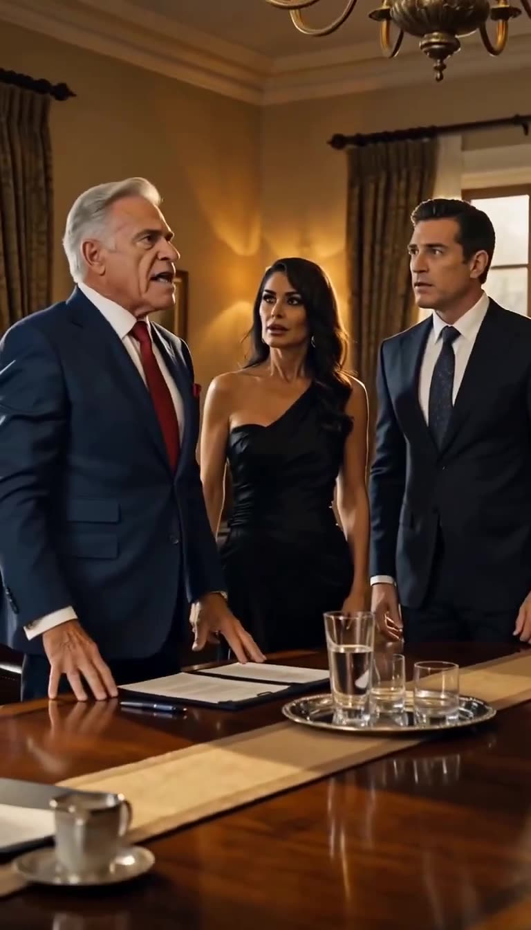 Patriarch standing up in heated confrontation against shocked adult heirs across the table