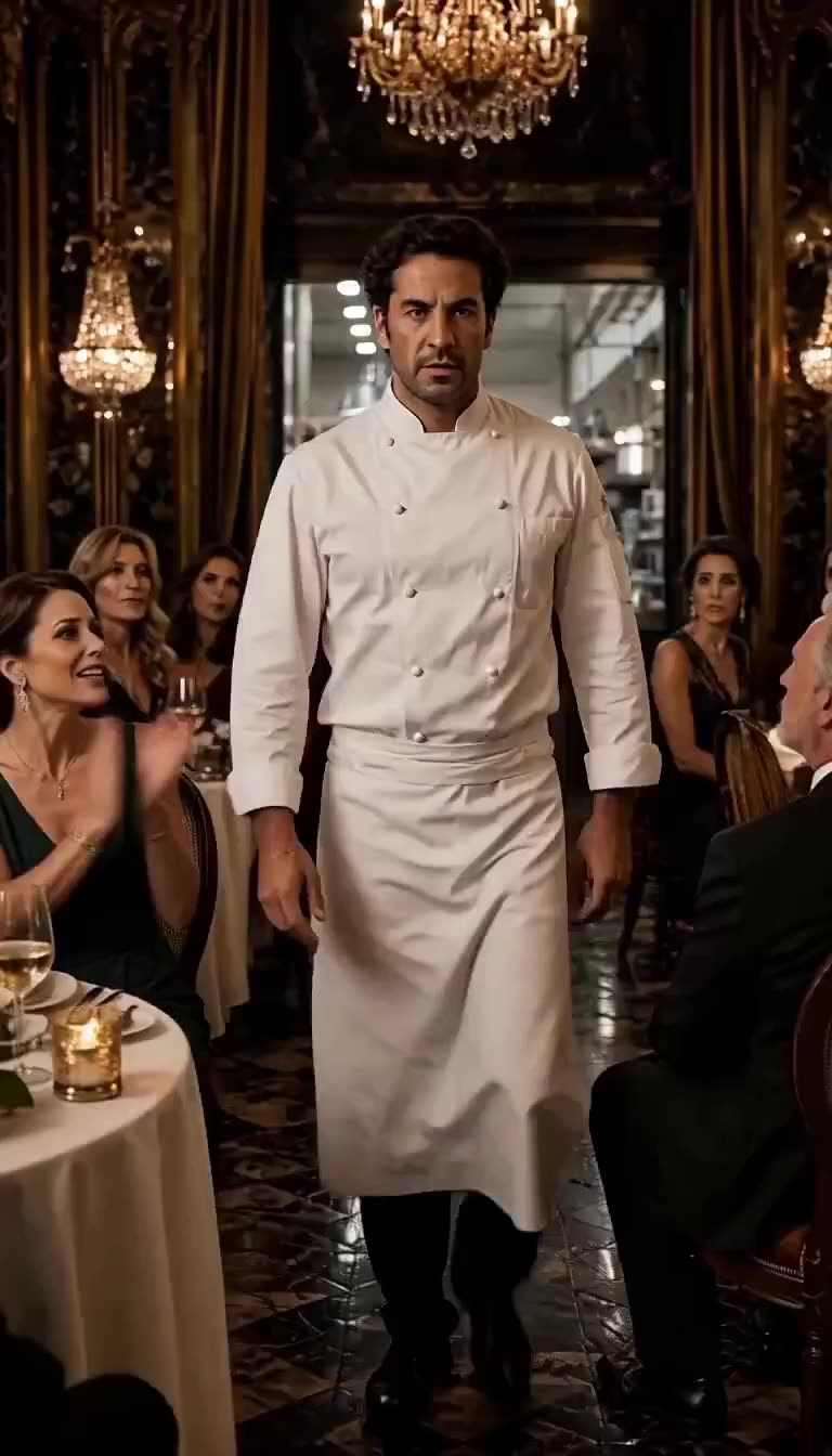 The head chef walks decisively through the crowded, upscale dining room.