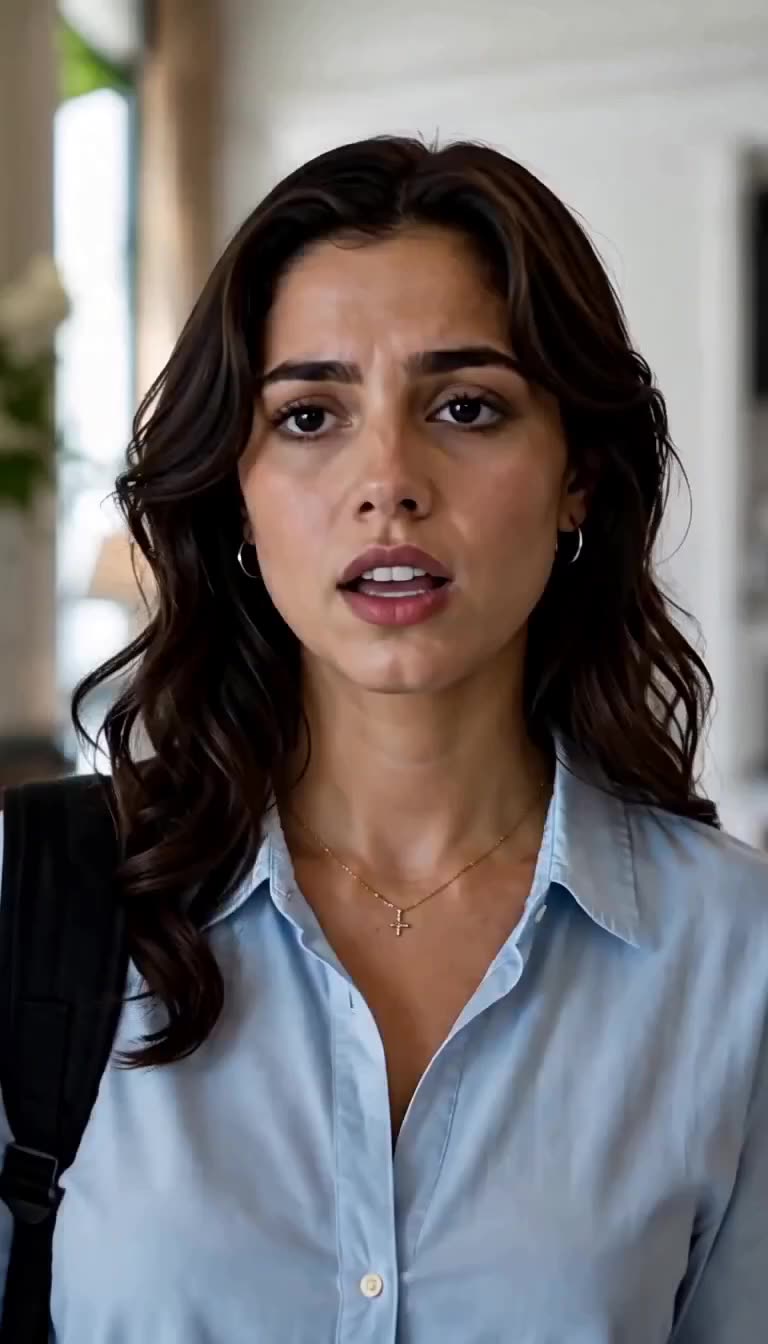 A young woman wearing a backpack and casual shirt delivers a firm, defiant response.