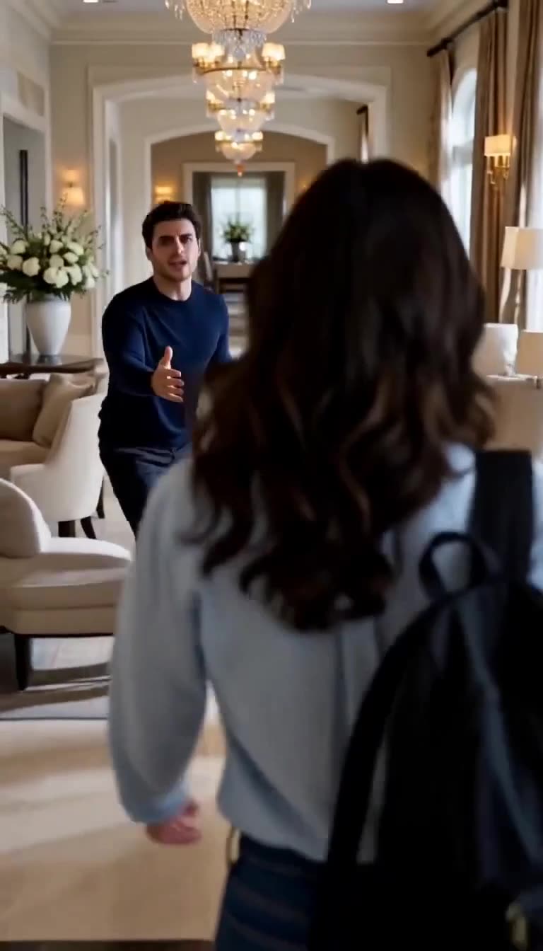 A young woman walks down a grand hallway toward the exit as a distraught man chases after her.