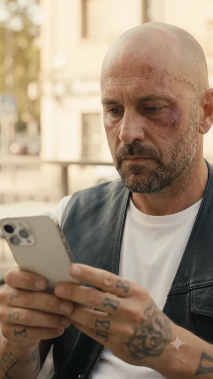 Close-up of the bruised bald man with beard holding a smartphone in tattooed hands and staring at the screen
