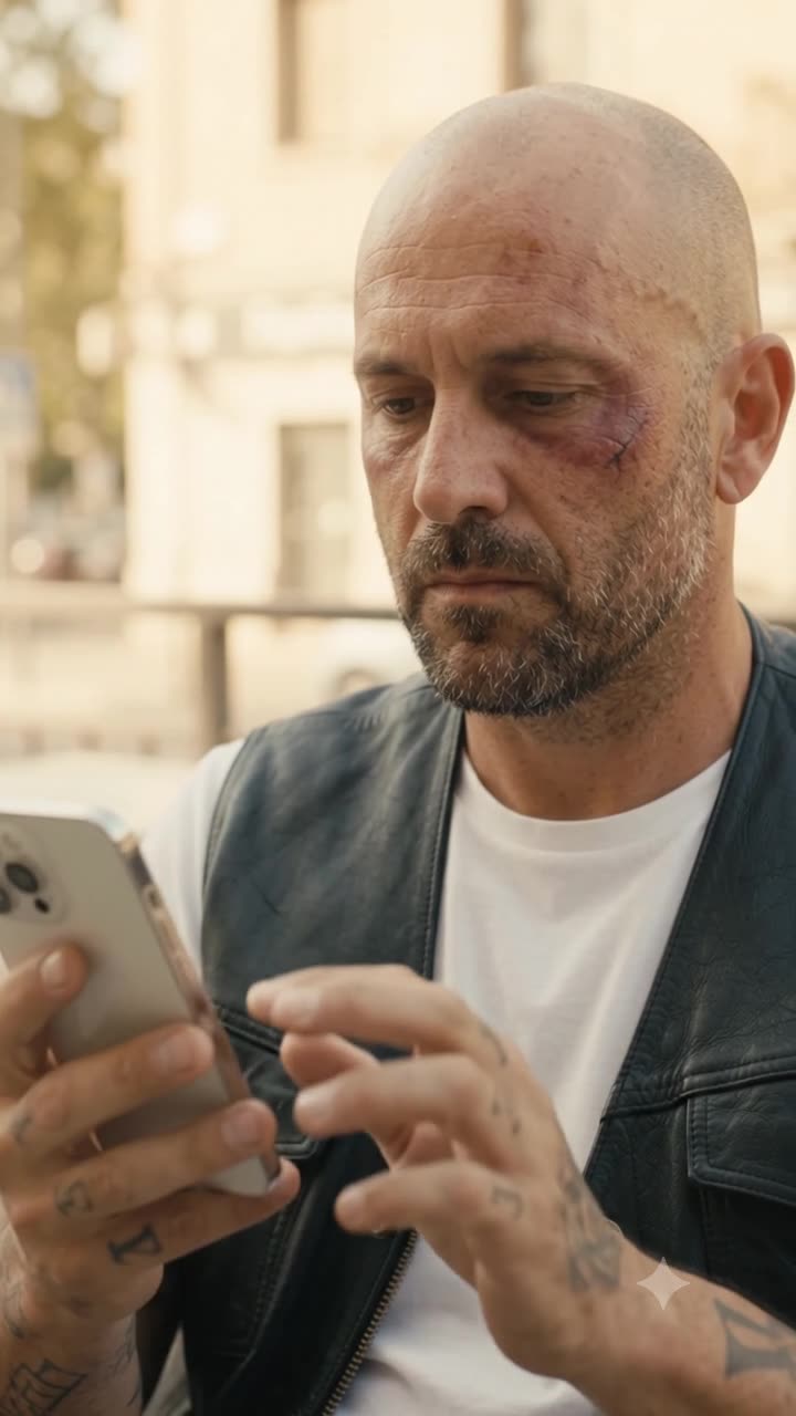 Close-up of the man dialing a number on his smartphone with a serious, determined expression