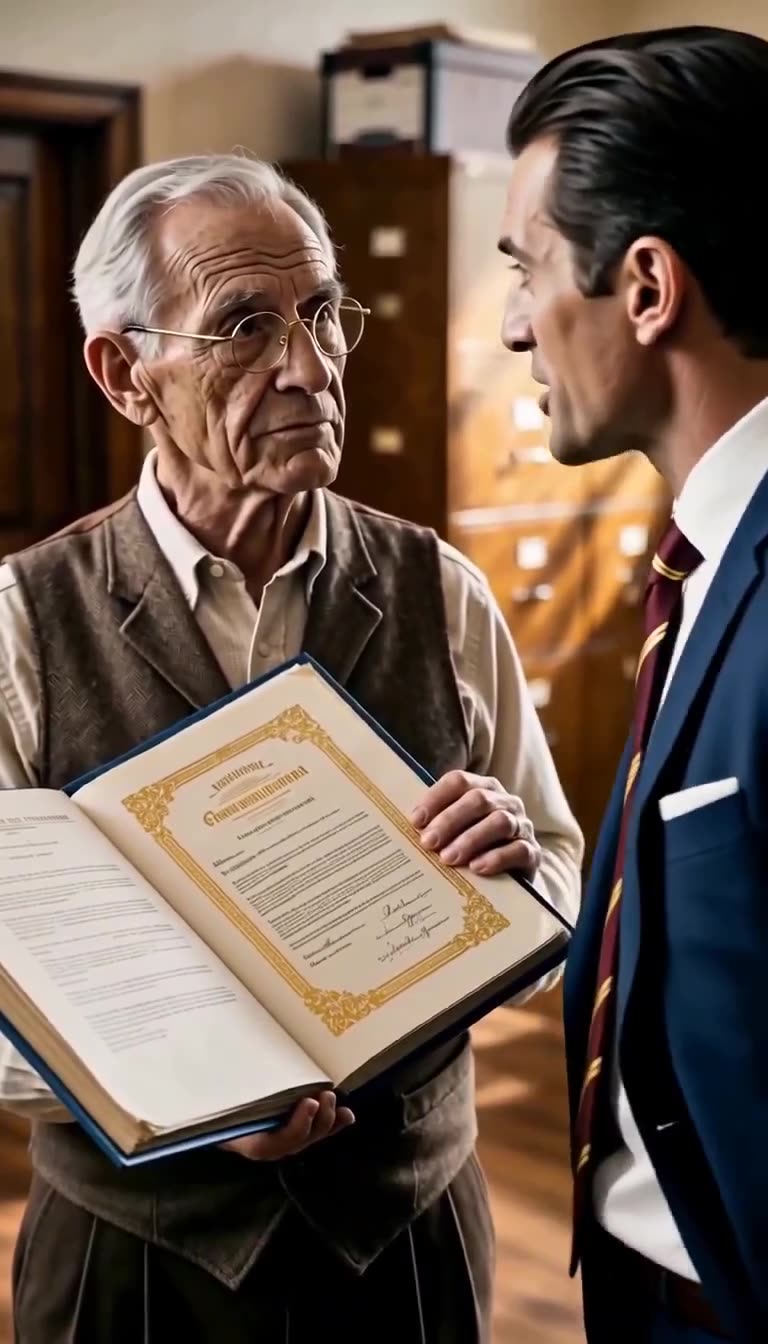 The elderly clerk presents an official gold-sealed charter to the stunned executive
