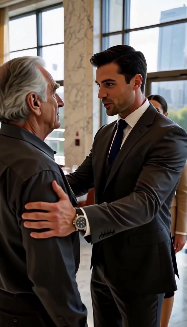 The young executive warmly places his hand on the elderly cleaner's shoulder
