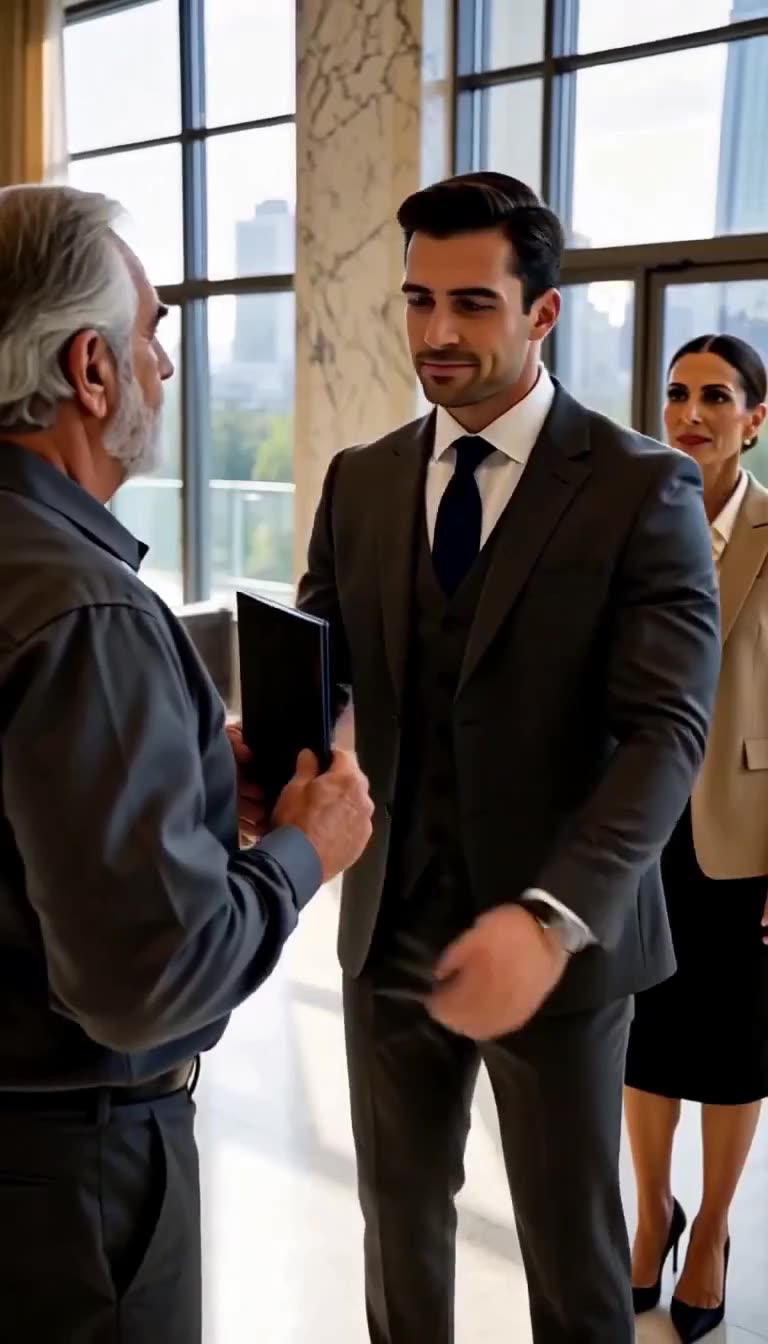 The CEO hands a registry to Arthur as Victoria watches in shock