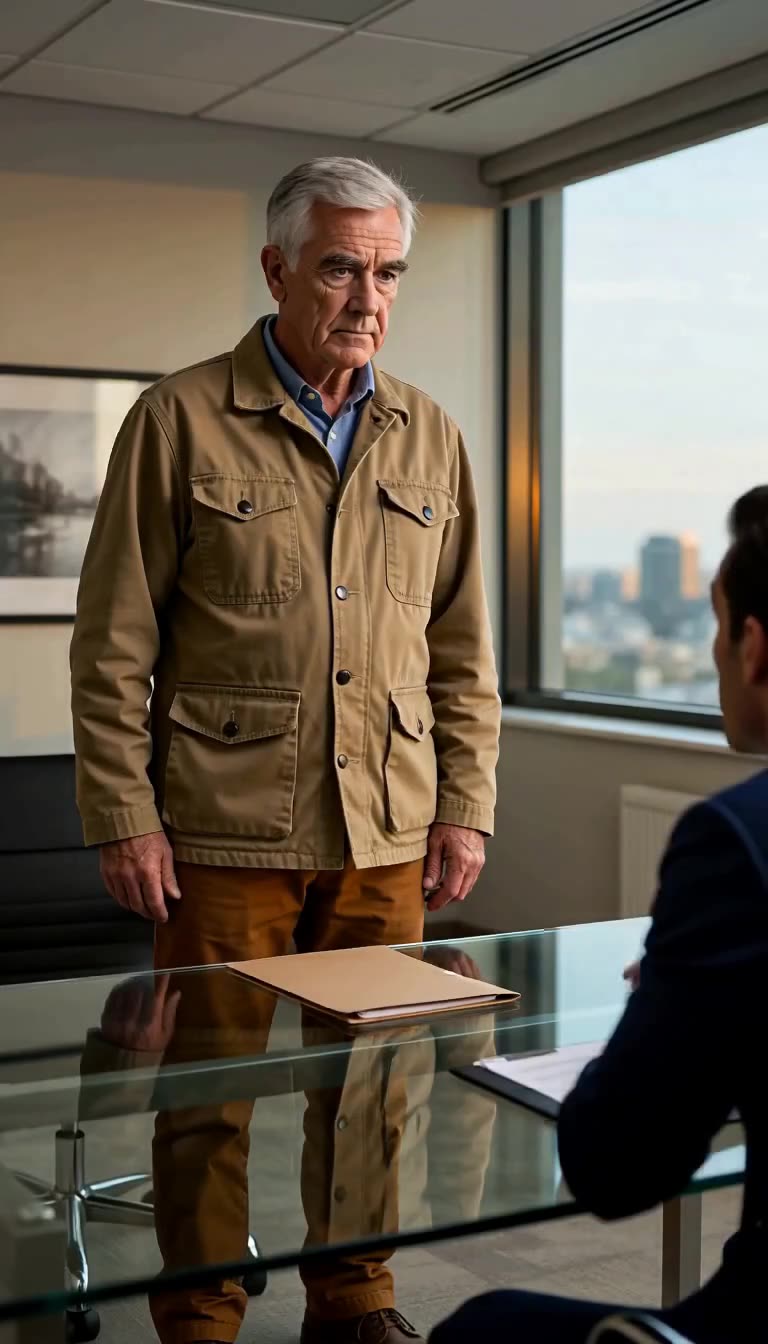 The elderly courier stands firm in his utility jacket opposite the executive across the glass table.