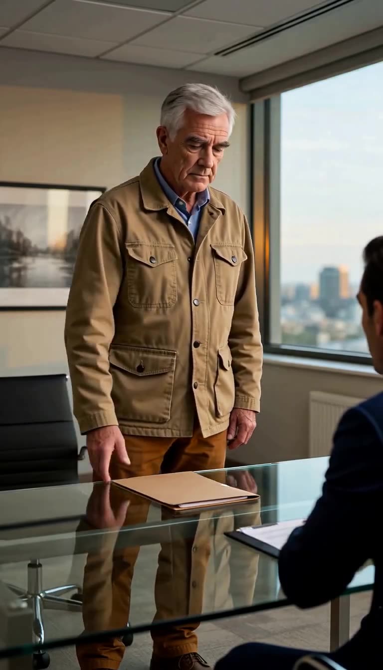 The courier quietly slides the manila document folder across the reflective glass surface.