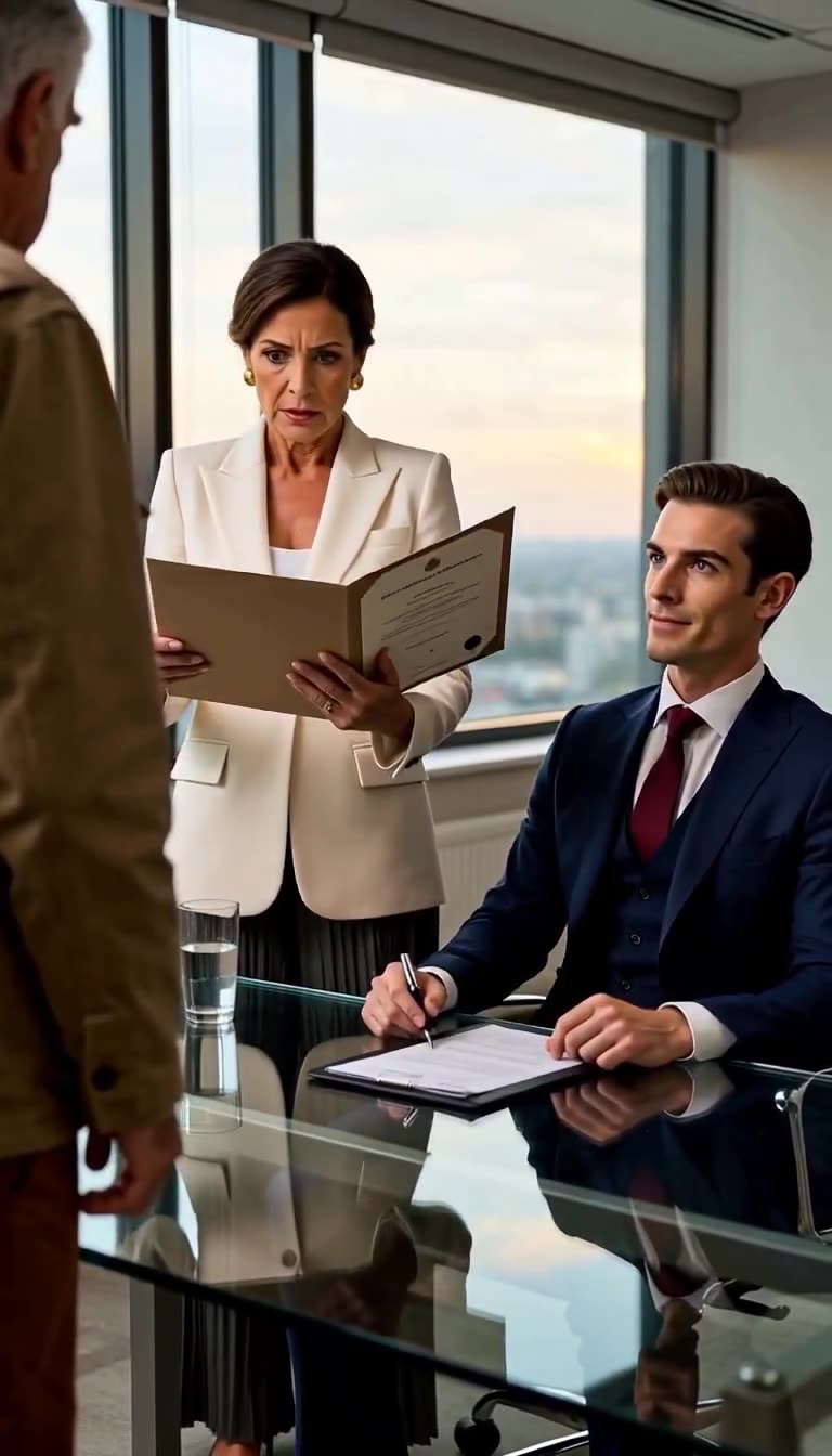 Samantha Miller examines the legal certificate in shock as Julian watches expectantly.