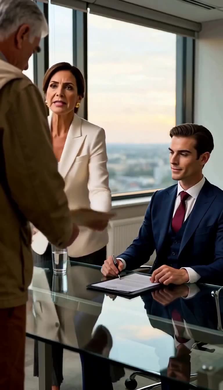 A female corporate executive in an ivory suit interrupts the meeting to confront the uninvited guest.