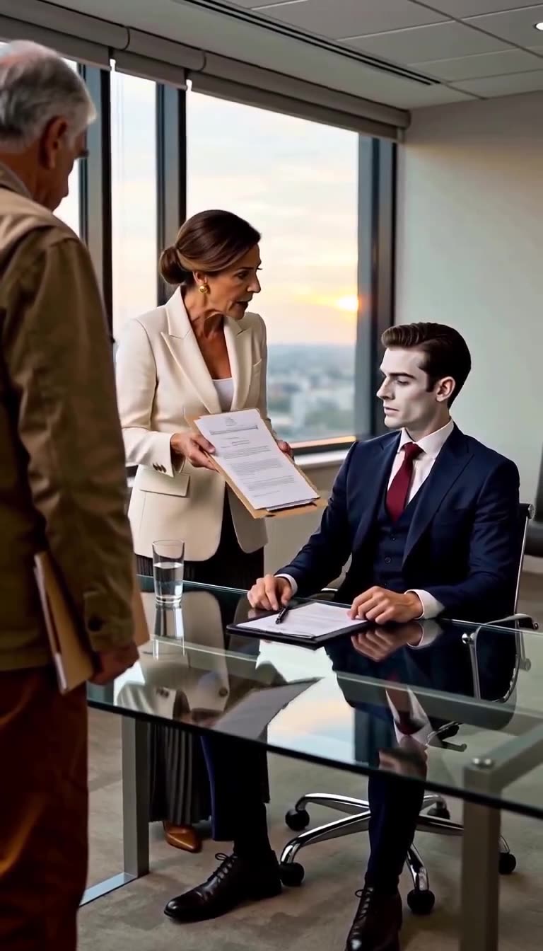 The executive looks on in shock as the vice president presents official documents revealing the visitor's identity.