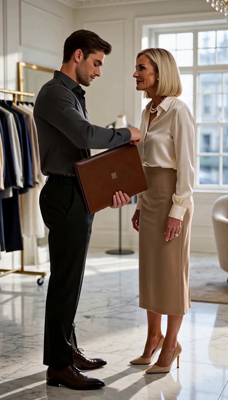 Tailor apprentice unzipping his portfolio folder while confronting the showroom owner