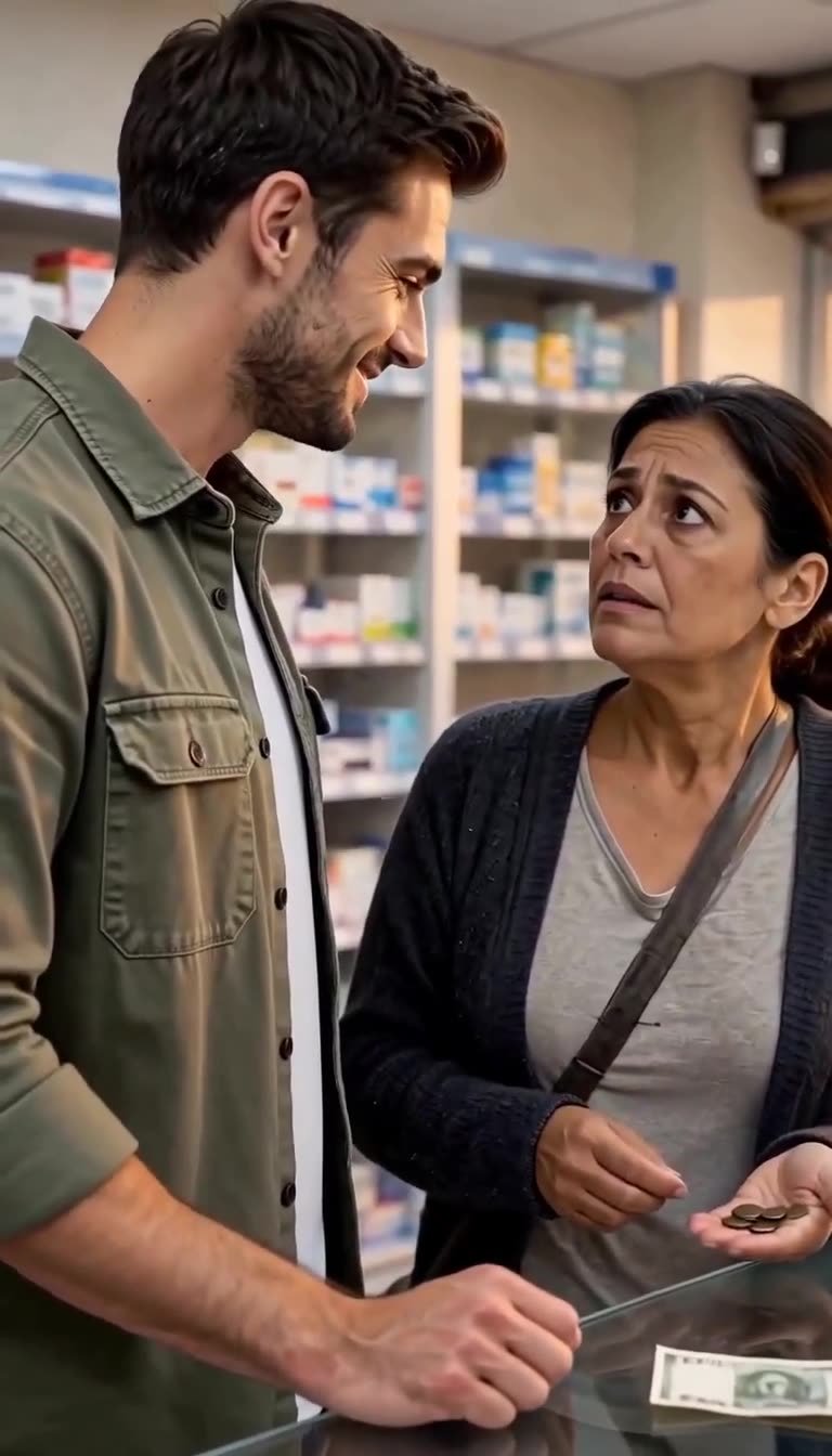 A smiling young man places cash on the glass counter beside the shocked woman