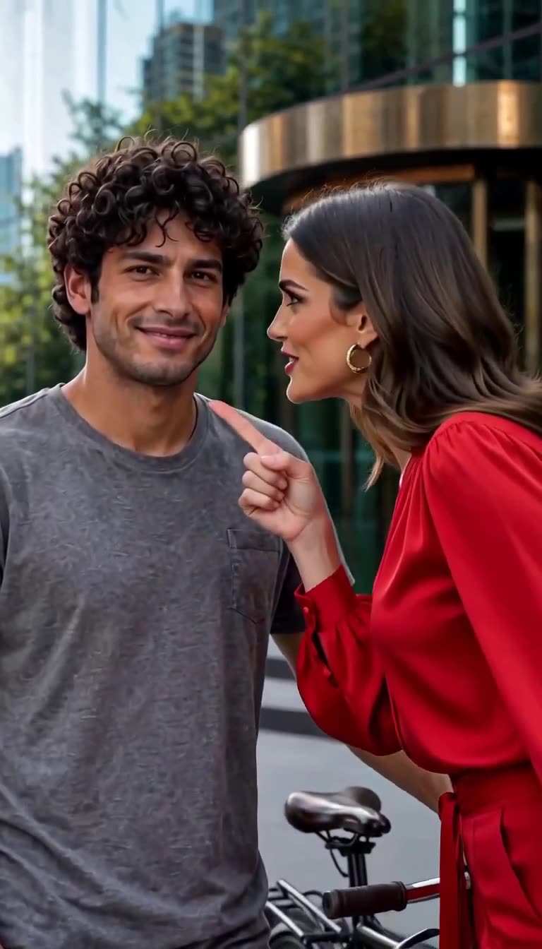 An executive in a red blouse aggressively points her finger at the smiling cyclist