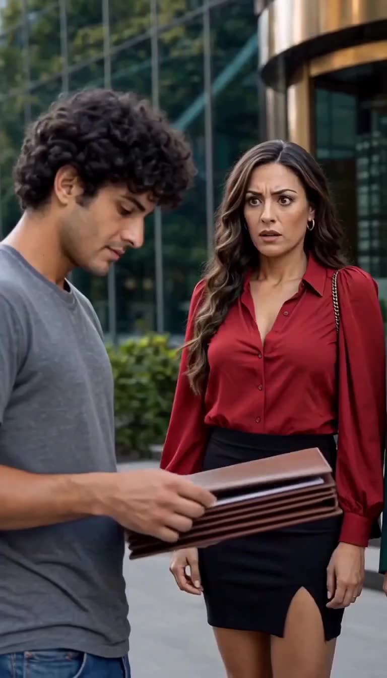 The woman watches in stunned shock as the young man reveals an executive portfolio