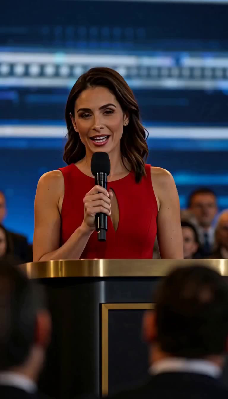 A glamorous woman in a red dress speaks into a microphone at an awards podium