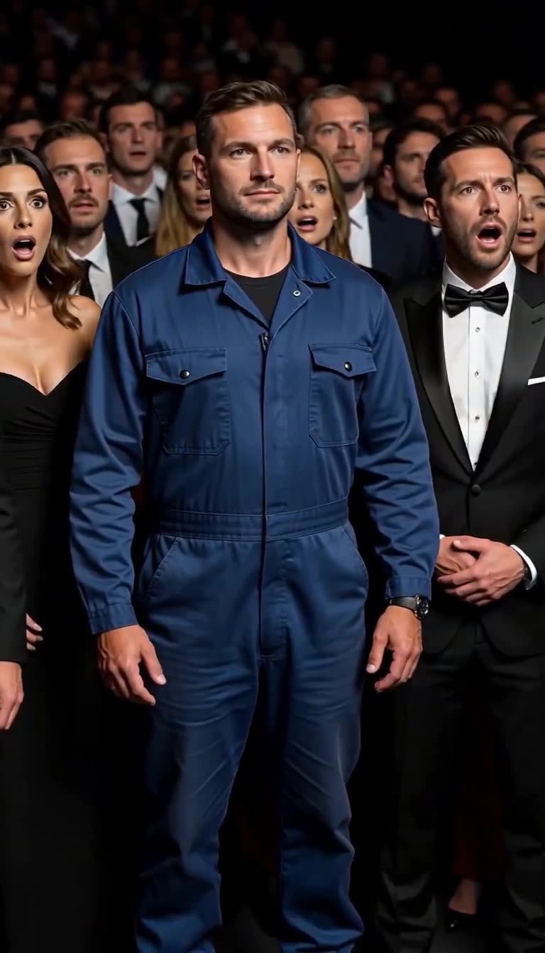 Stunned executives and socialites gasp in shock behind a confident man in work overalls