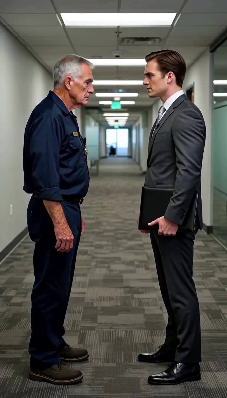 Wide profile shot of the older custodian standing eye-to-eye with the young executive