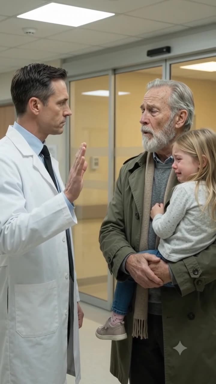 A doctor in a white coat raising his hand to stop an older man holding a crying girl in a hospital hallway