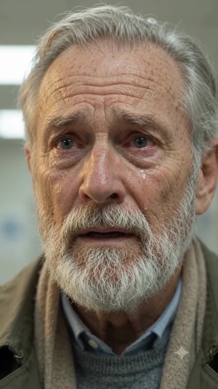 Close-up of an older bearded man with tears in his eyes looking shocked in a hospital
