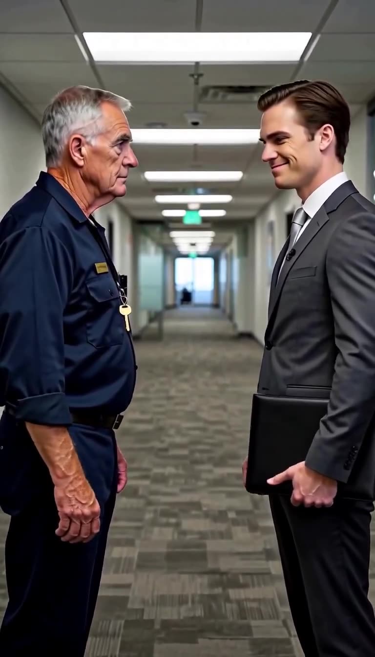 A young executive smirks condescendingly at an older custodian in a corporate corridor