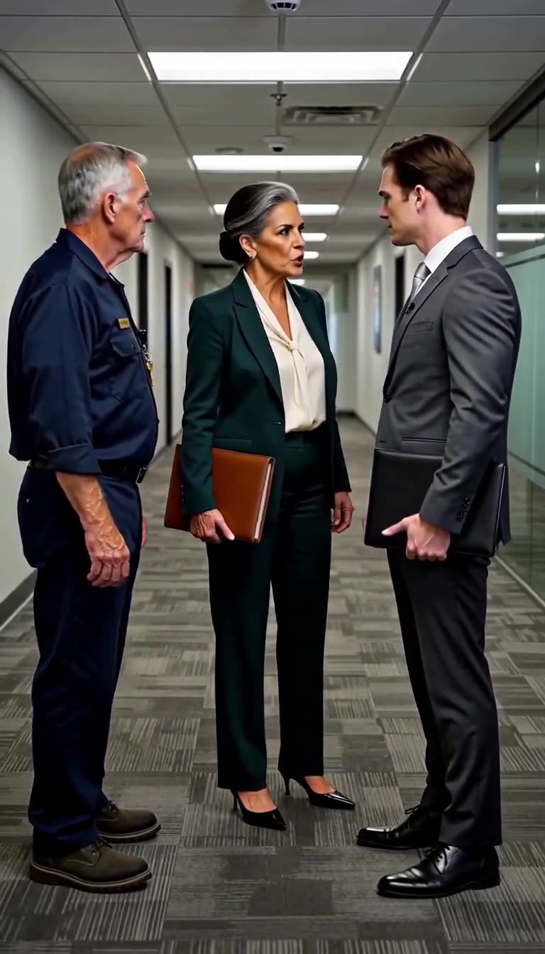 A senior chairwoman in an emerald blazer intervenes sharply between the young executive and the custodian